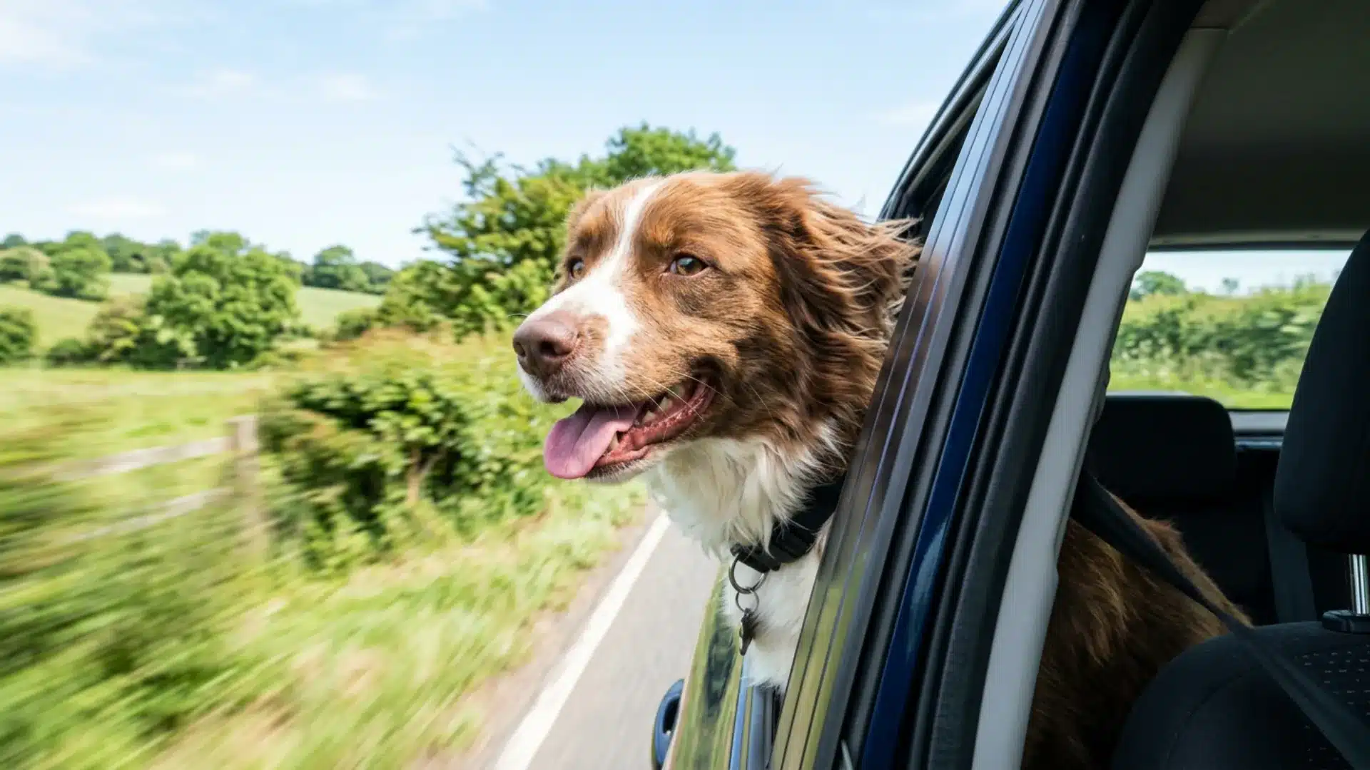 Happy dog enjoying a car ride with its head out the window