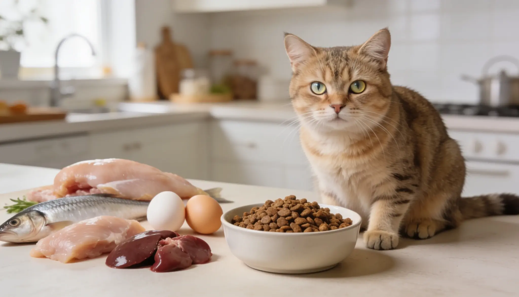 healthy cat sitting beside a bowl of balanced cat food with animal-based ingredients nearby