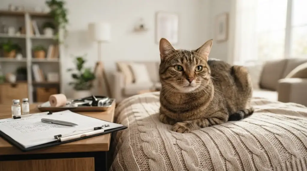healthy cat sitting beside veterinary items showing feline leukemia virus awareness and pet health care
