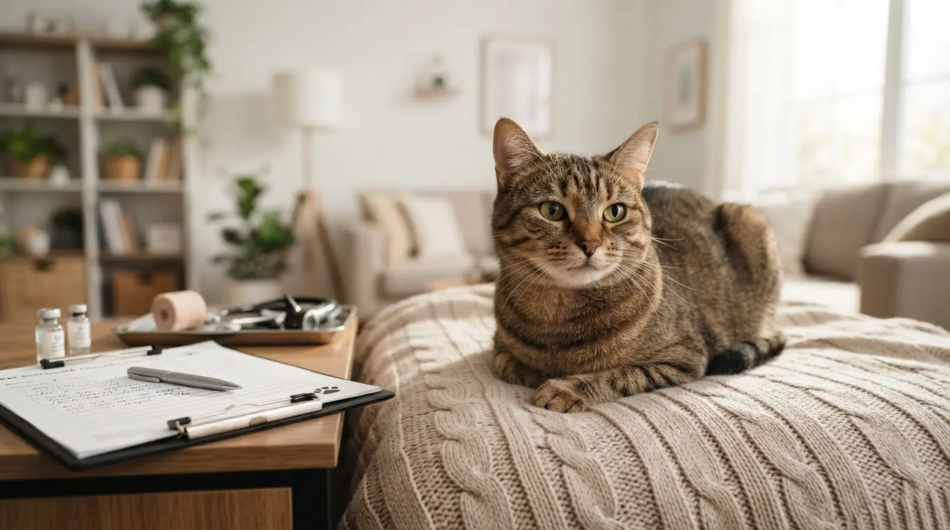 healthy cat sitting beside veterinary items showing feline leukemia virus awareness and pet health care