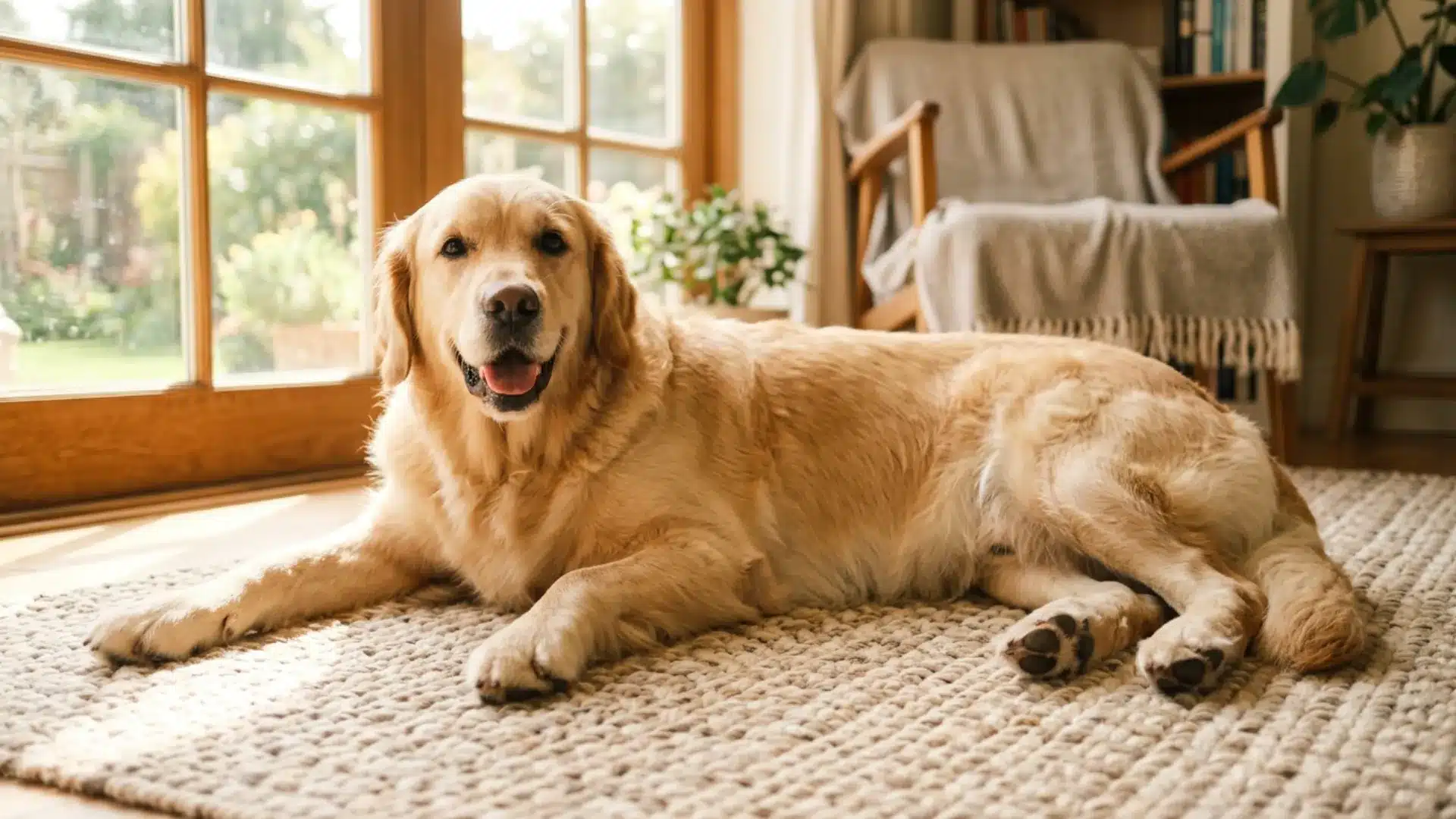 Healthy dog with well-trimmed nails resting on a rug at home