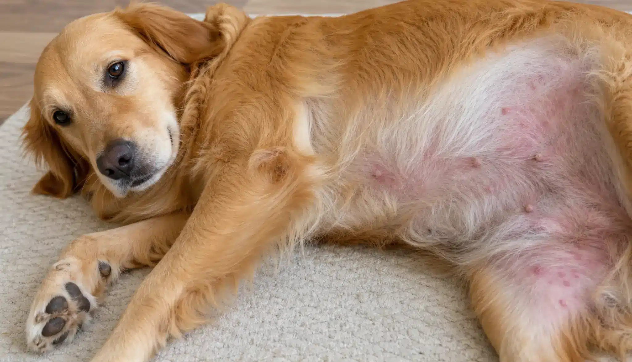 heat rash on dogs, mild red bumps and irritation visible across the belly and inner thigh