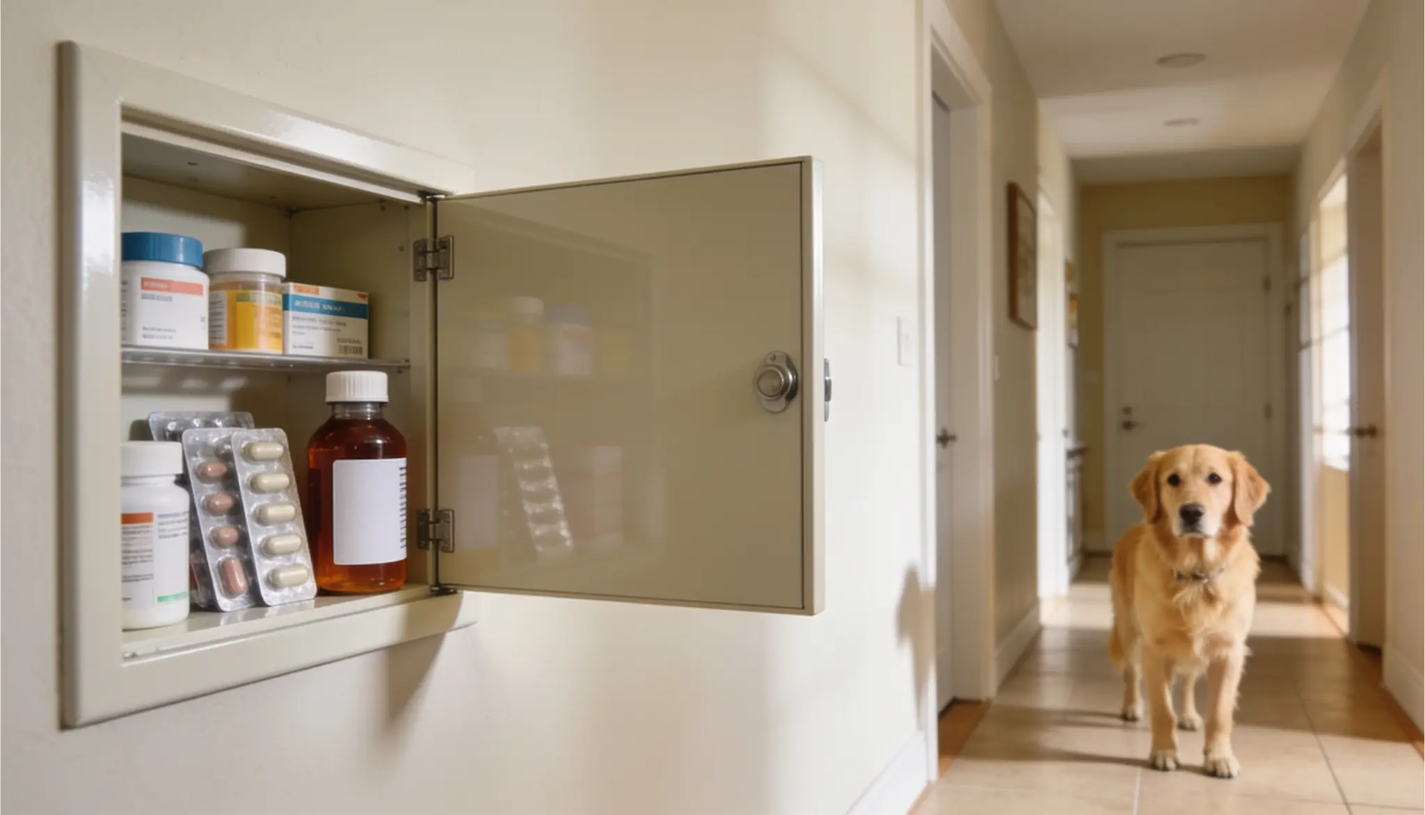 human cold medicines stored safely away from a dog to prevent accidental poisoning at home