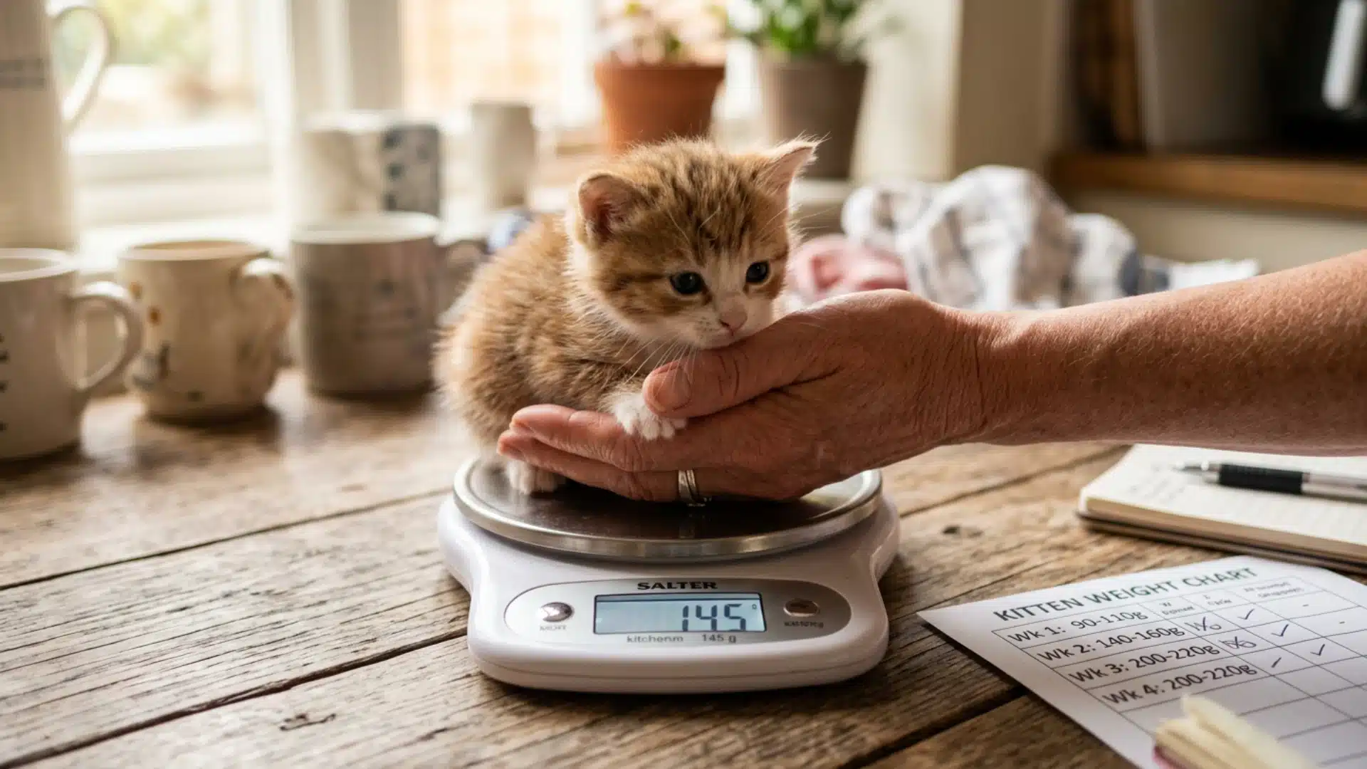 Kitten being weighed on a kitchen scale to help estimate its age