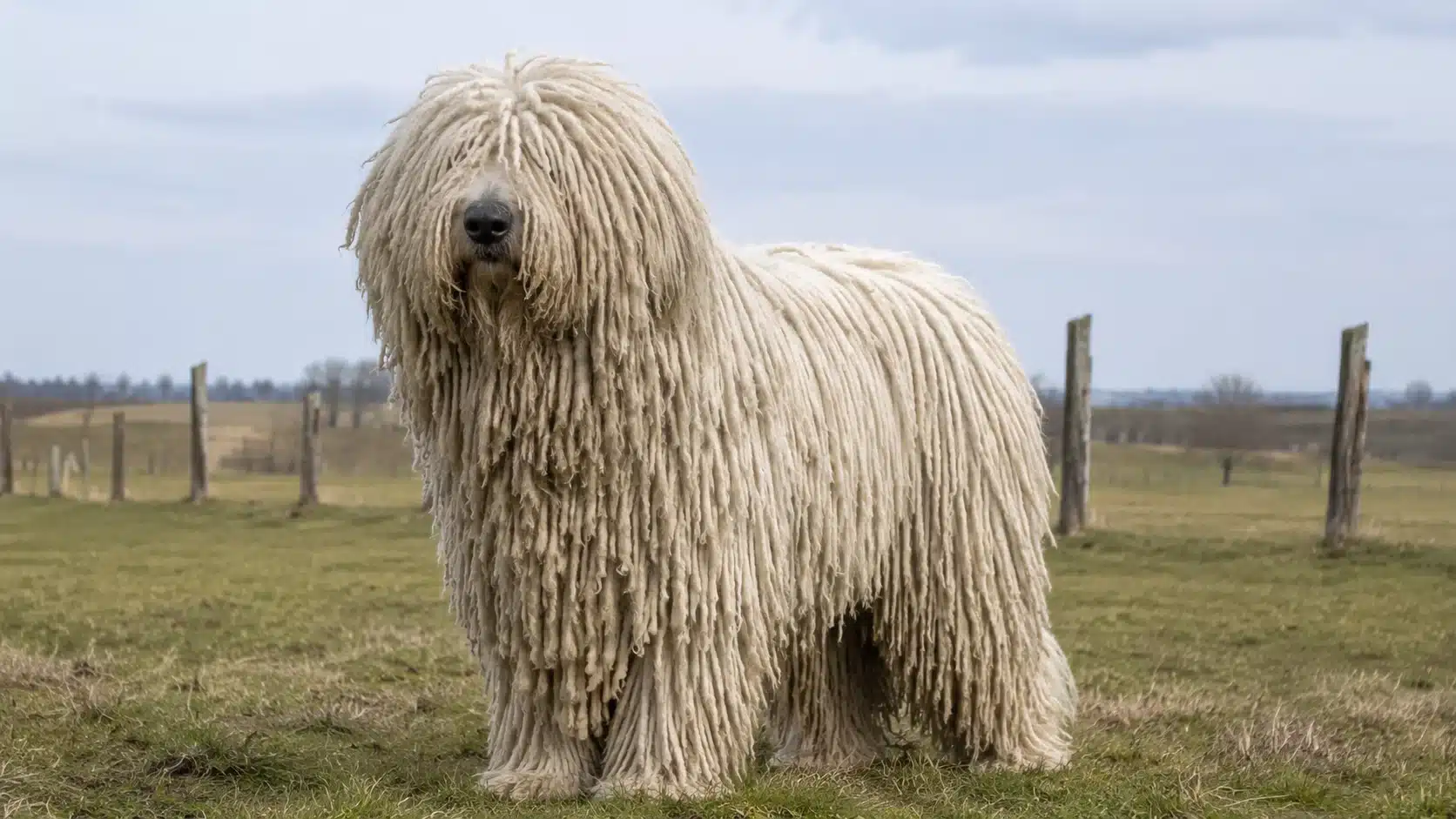 komondor standing in an open farm field with a realistic corded coat