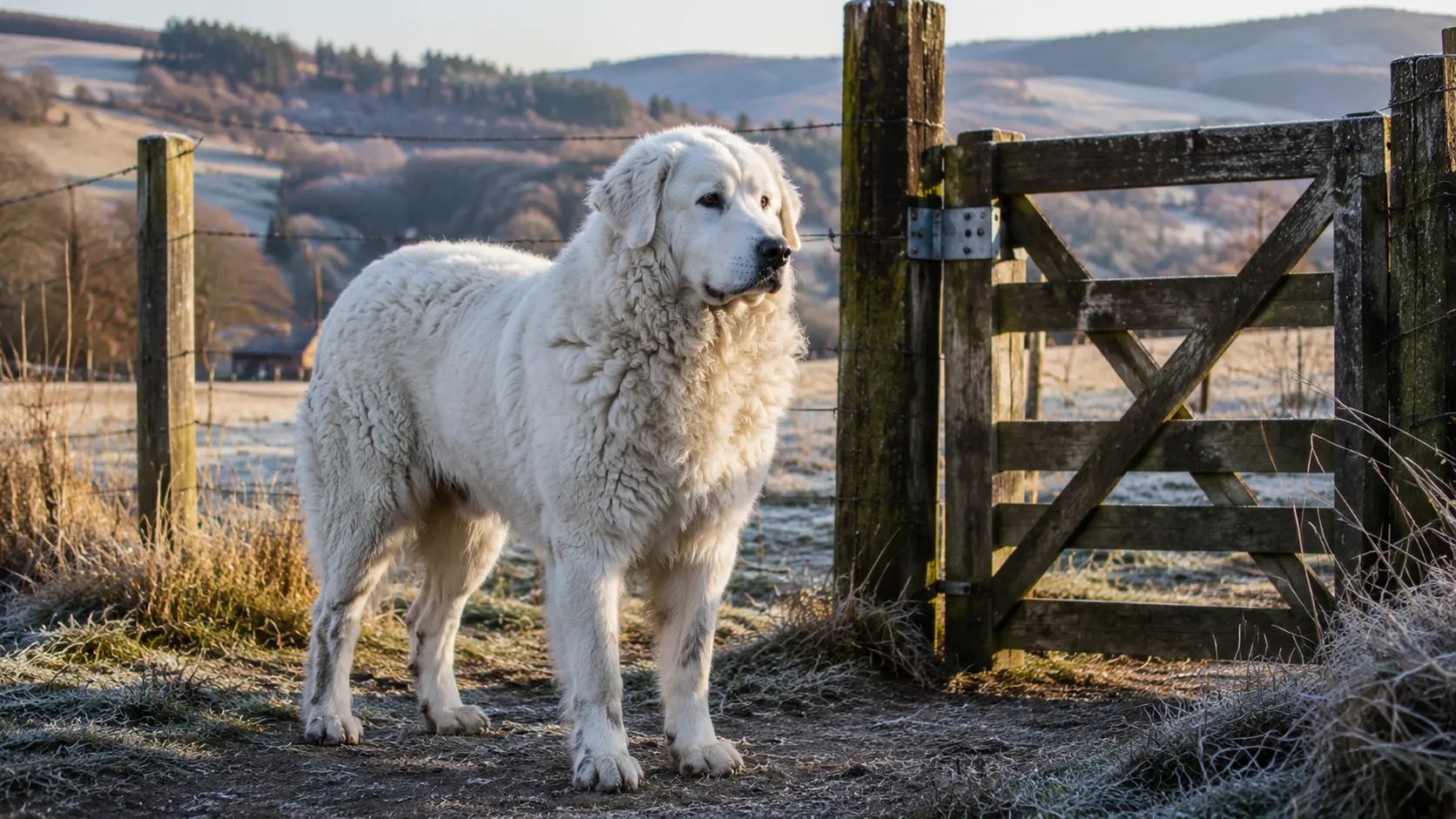 kuvasz standing near a farm gate with a calm protective look