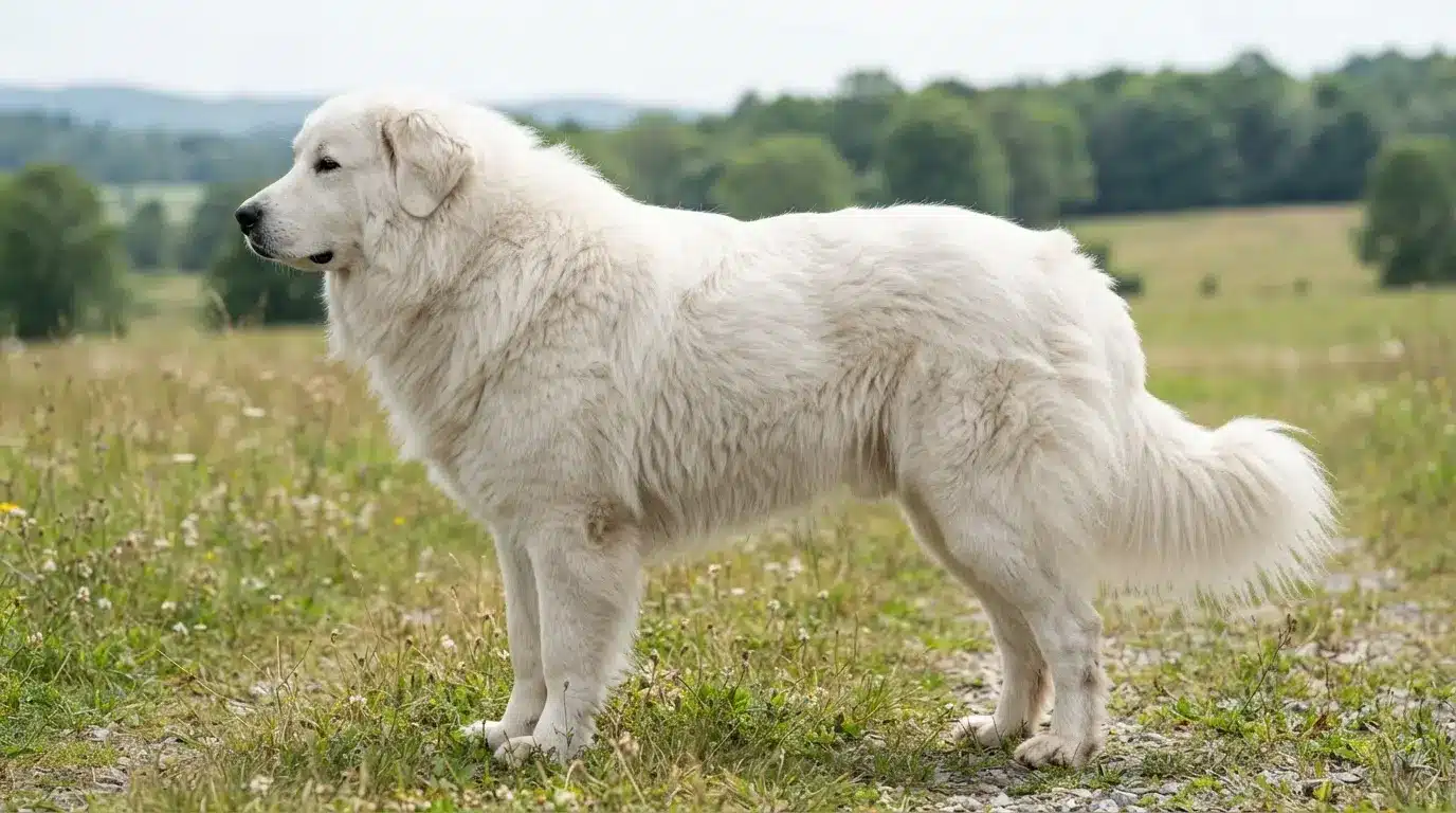 large great pyrenees dog showing thick coat strong body and calm personality outdoors