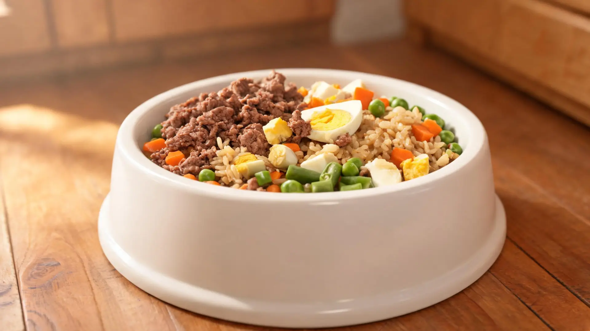 Lean beef, egg, brown rice, and vegetables in a white dog bowl on a wooden floor