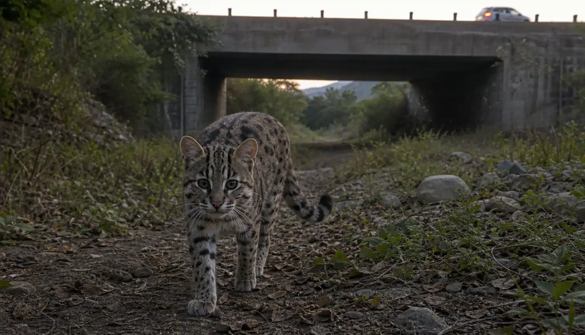 leopard cat crossing beneath a vegetated wildlife passage that connects two protected forest areas