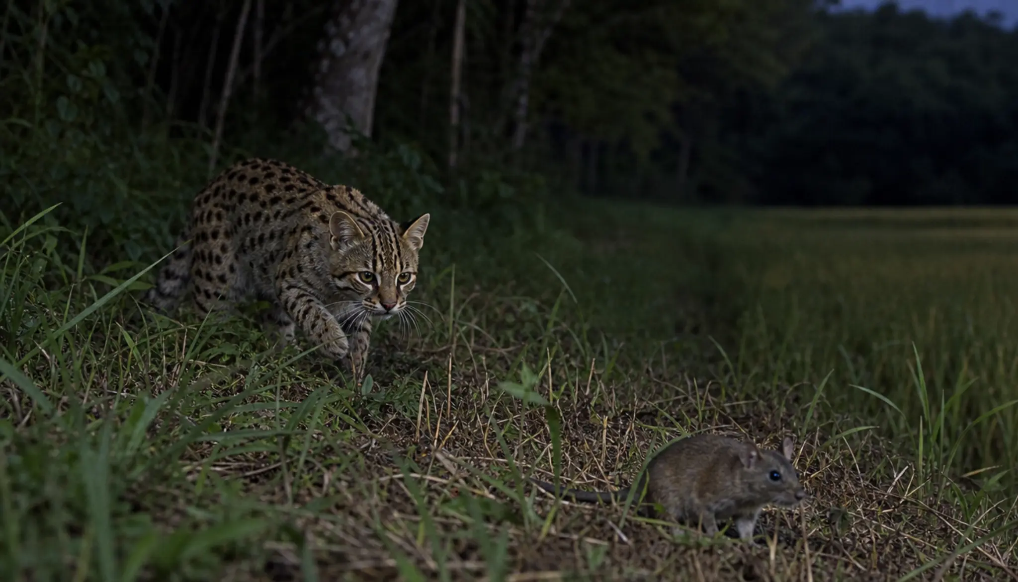 leopard cat crouching in tall grass while stalking a small field rodent during a natural nighttime hun