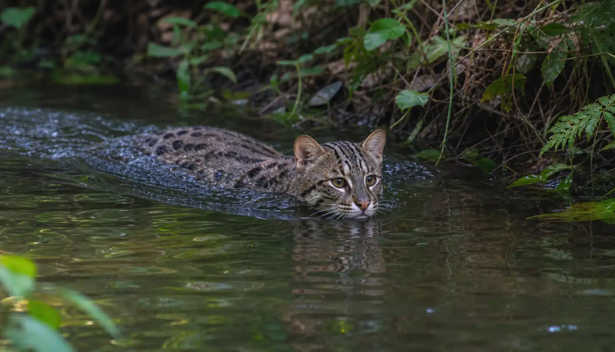 leopard cat swimming across a narrow forest stream between thick patches of protective vegetation