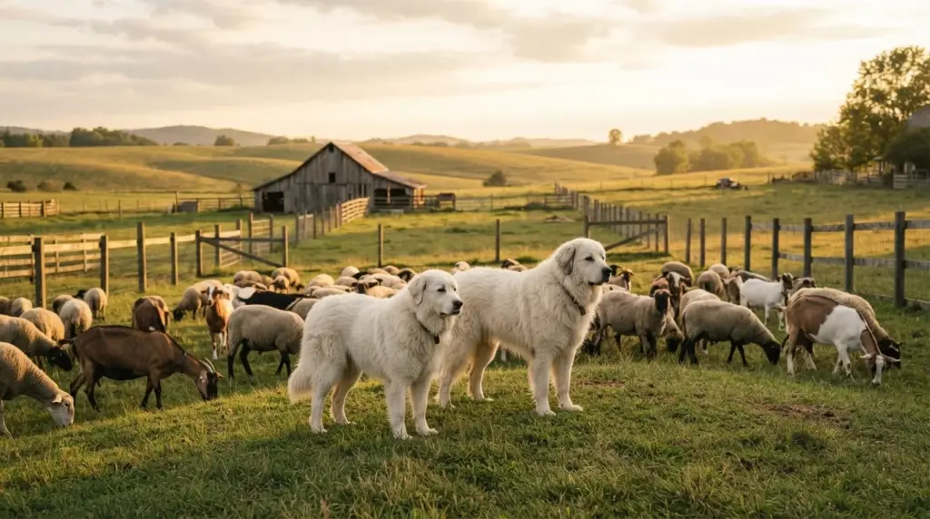 livestock guardian dog breeds watching sheep and goats in a fenced farm pasture