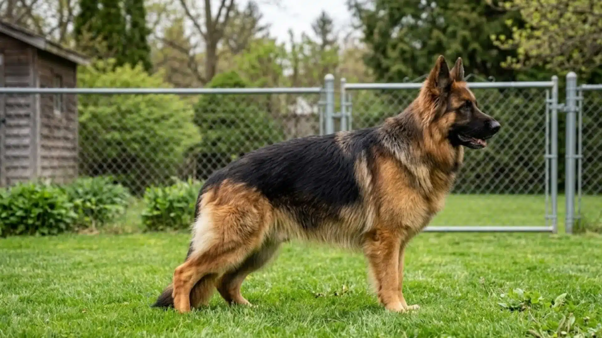 Long haired German Shepherd standing on green grass in a fenced backyard with trees and a shed behind