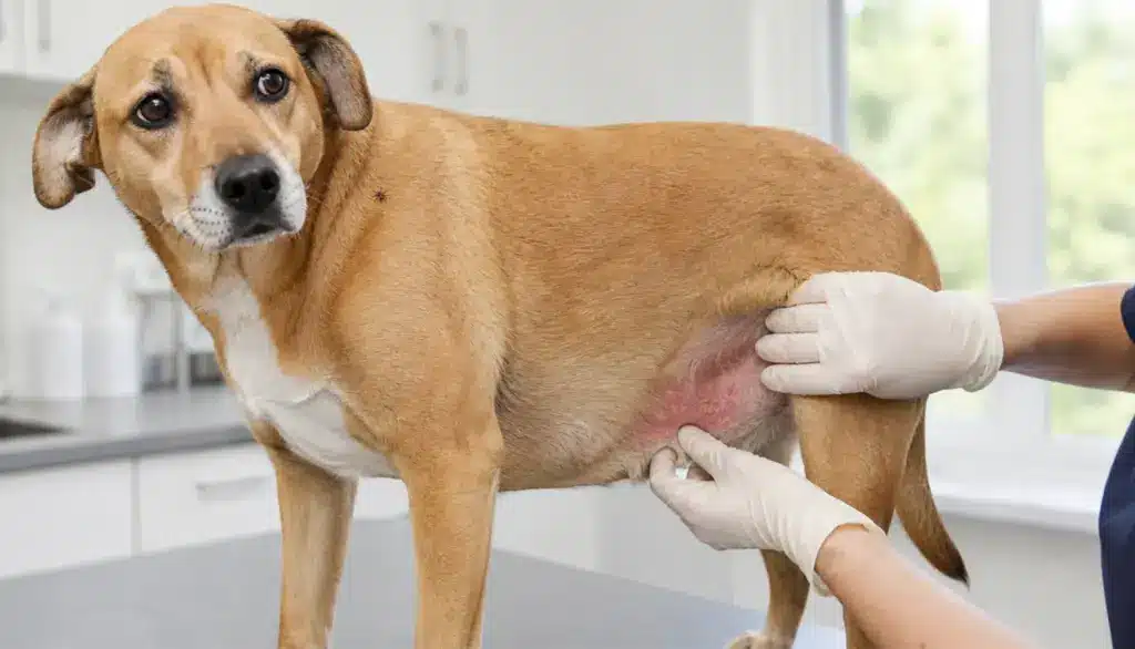 lyme disease dog heat rash, dog with mild belly redness and a small tick checked in a veterinary clinic
