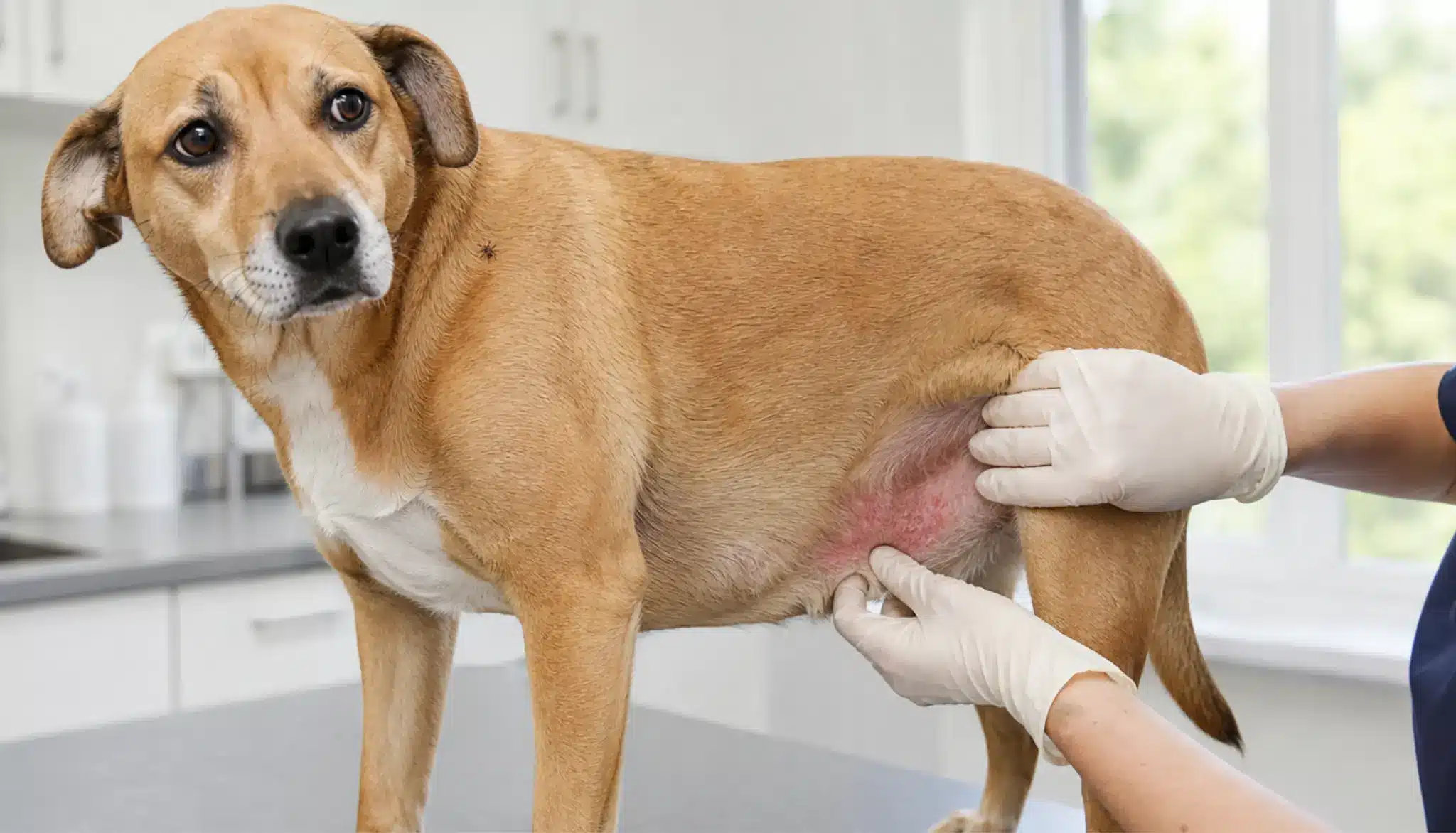 lyme disease dog heat rash, dog with mild belly redness and a small tick checked in a veterinary clinic