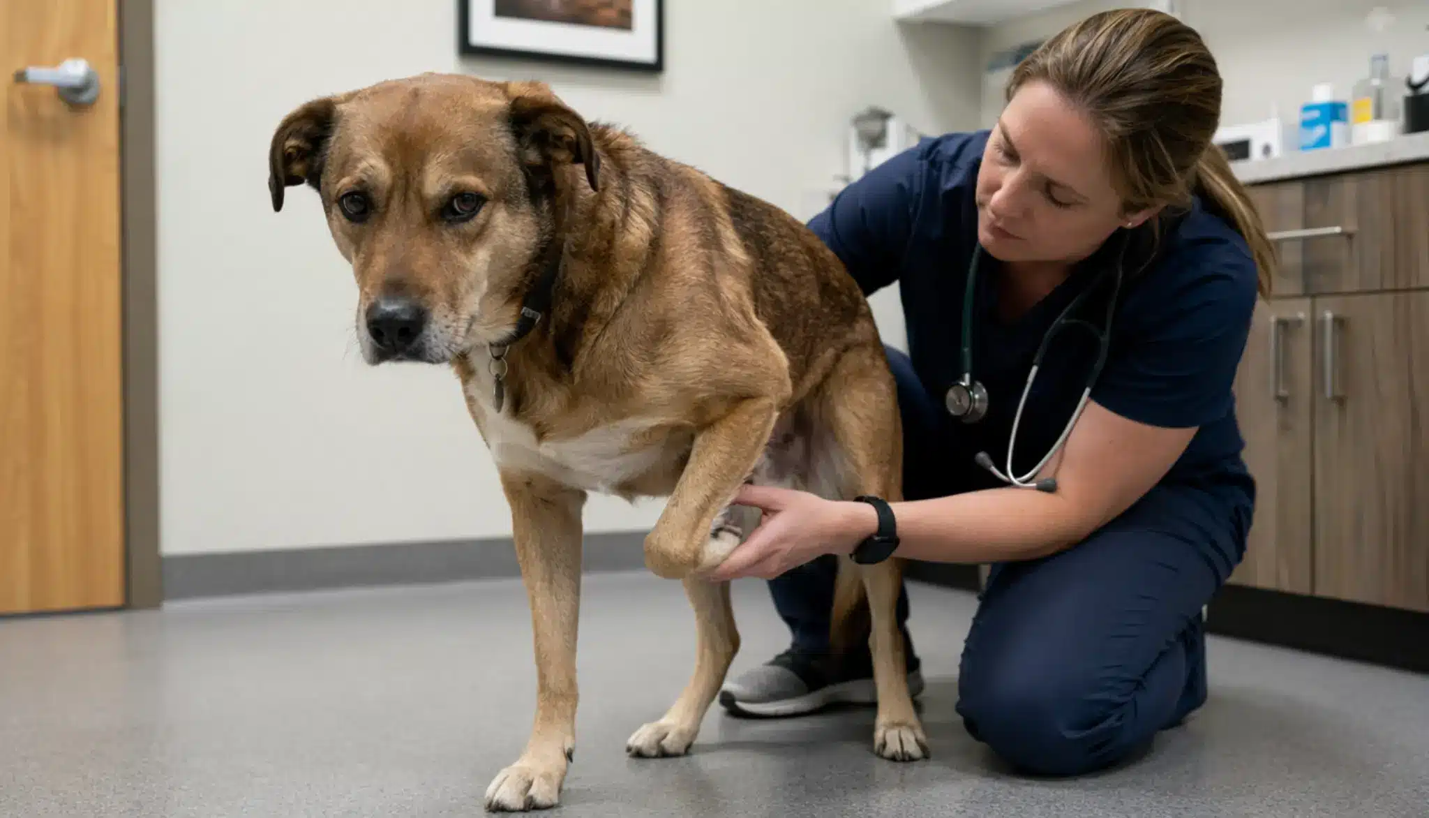 lyme disease in dogs, tired dog standing stiffly with one leg raised during a veterinary examination