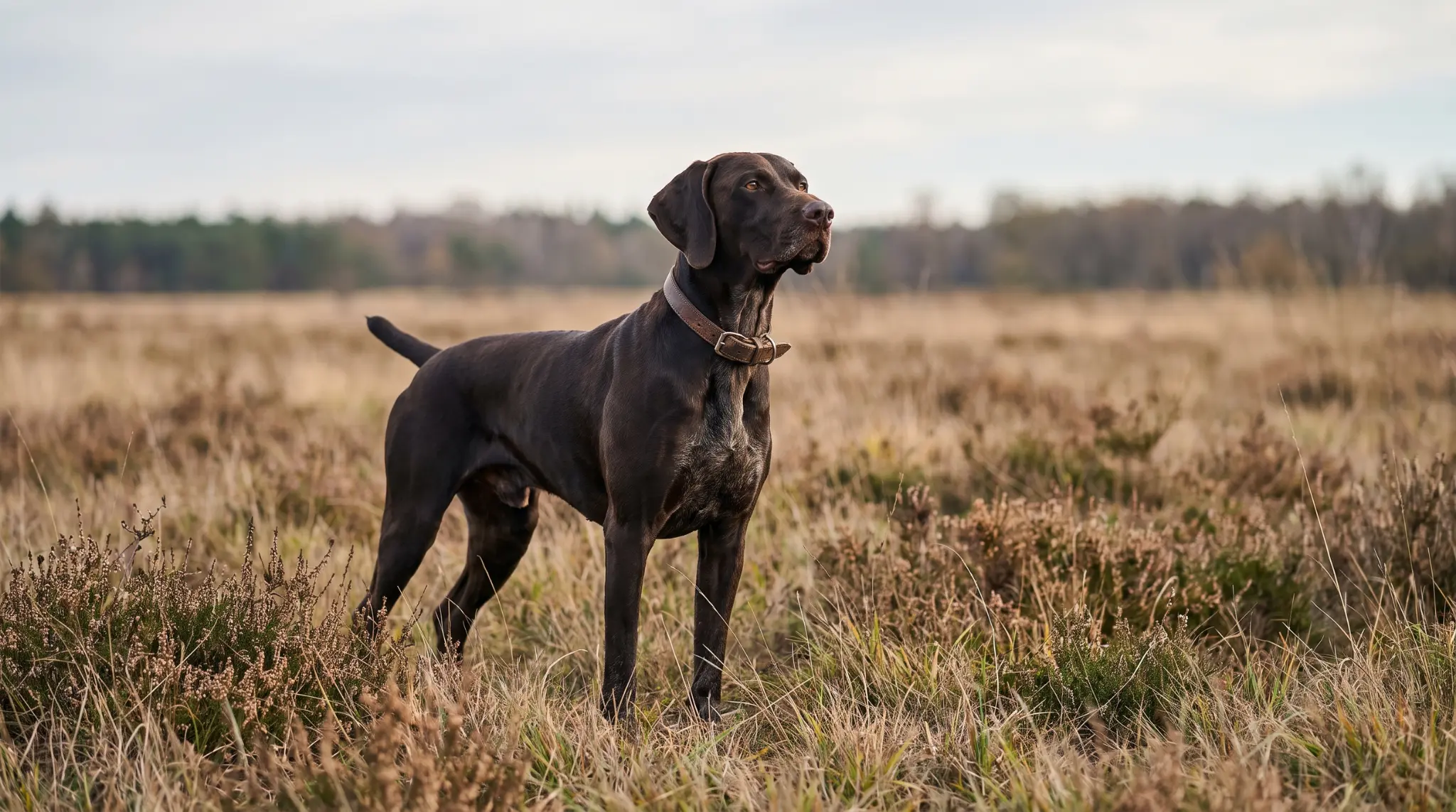 male hunting dog portrait in field with alert stance, for hunting dog names boy inspiration