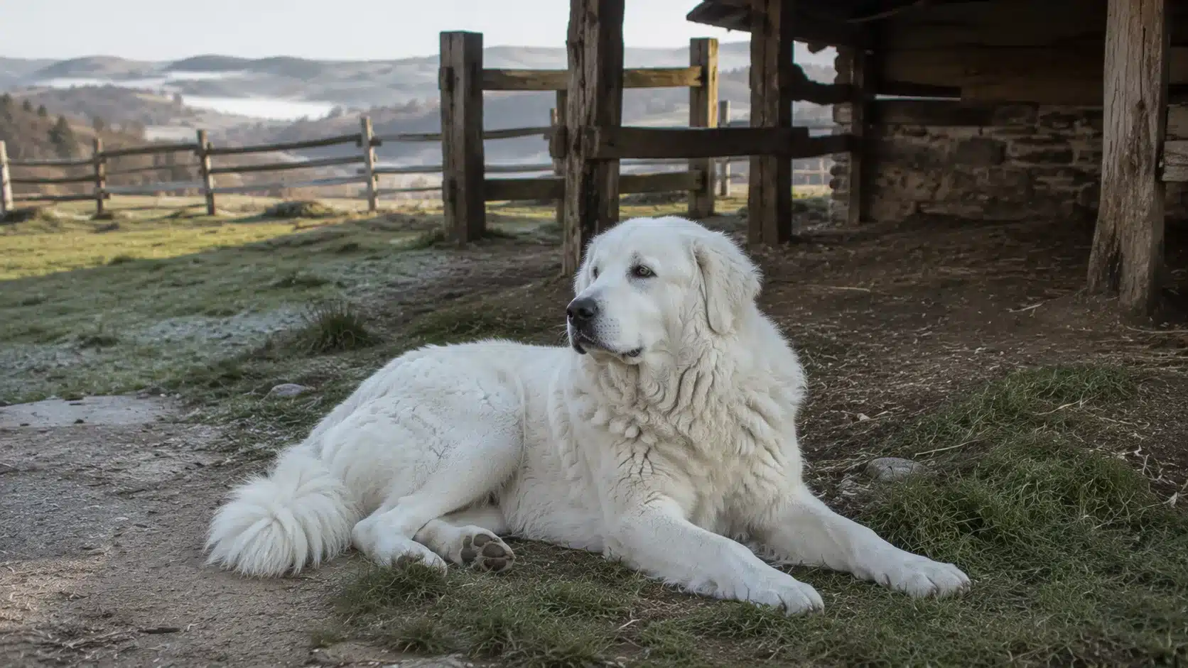 maremma sheepdog resting alert near a quiet homestead farm shelter