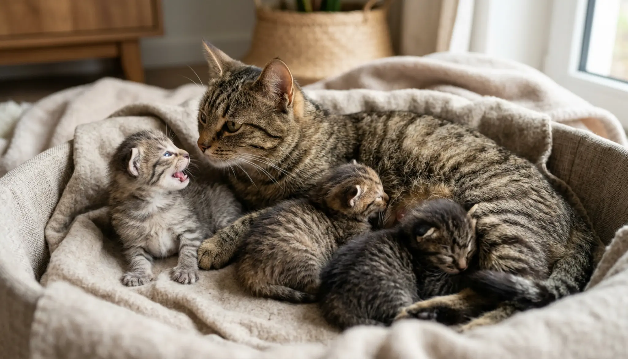 mother cat resting with young kittens as one kitten calls for warmth food and close contact