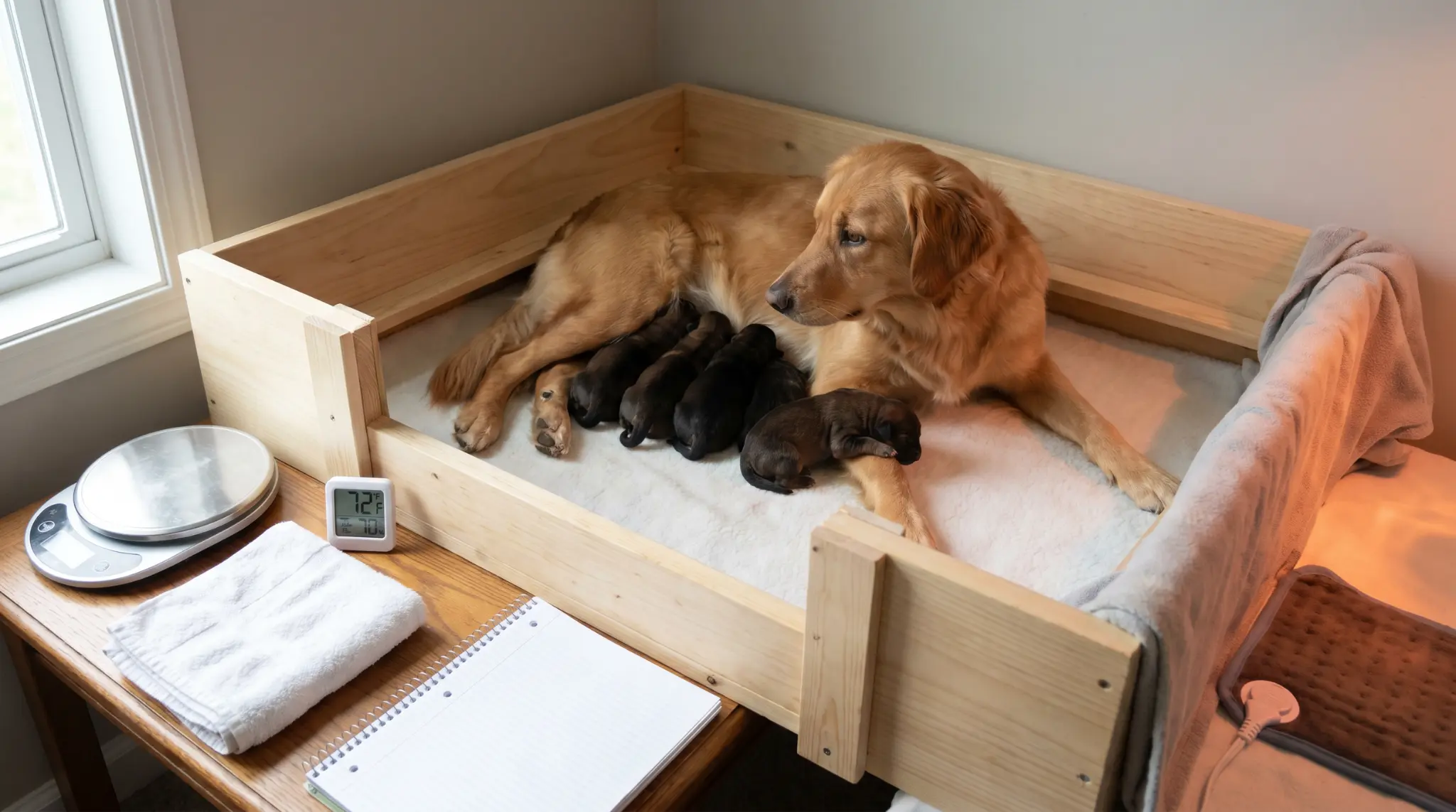 mother dog nursing newborn puppies while their warmth breathing feeding and weight are monitored