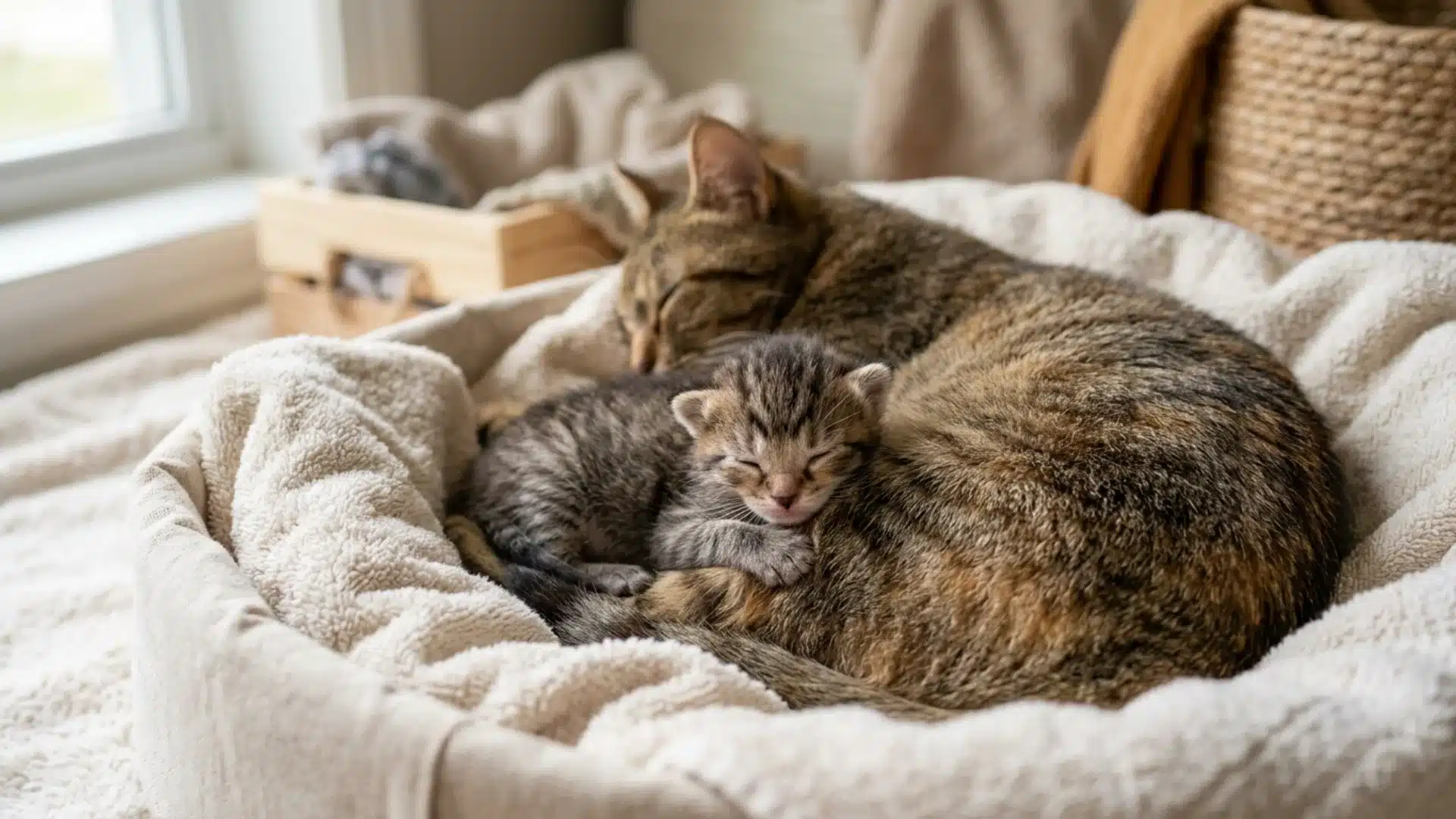 Newborn kitten with eyes closed resting near its mother a few days old