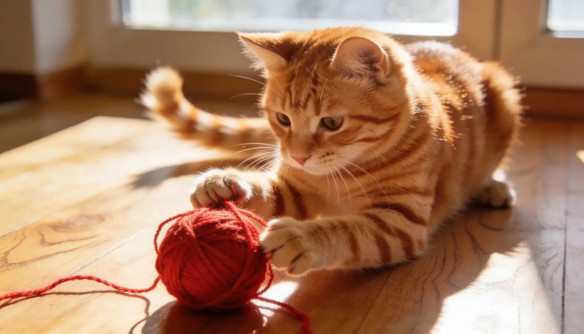 orange tabby cat playing with a yarn ball indoors in warm sunlight