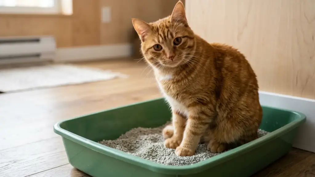 Orange tabby cat sitting in a green litter box inside a quiet home
