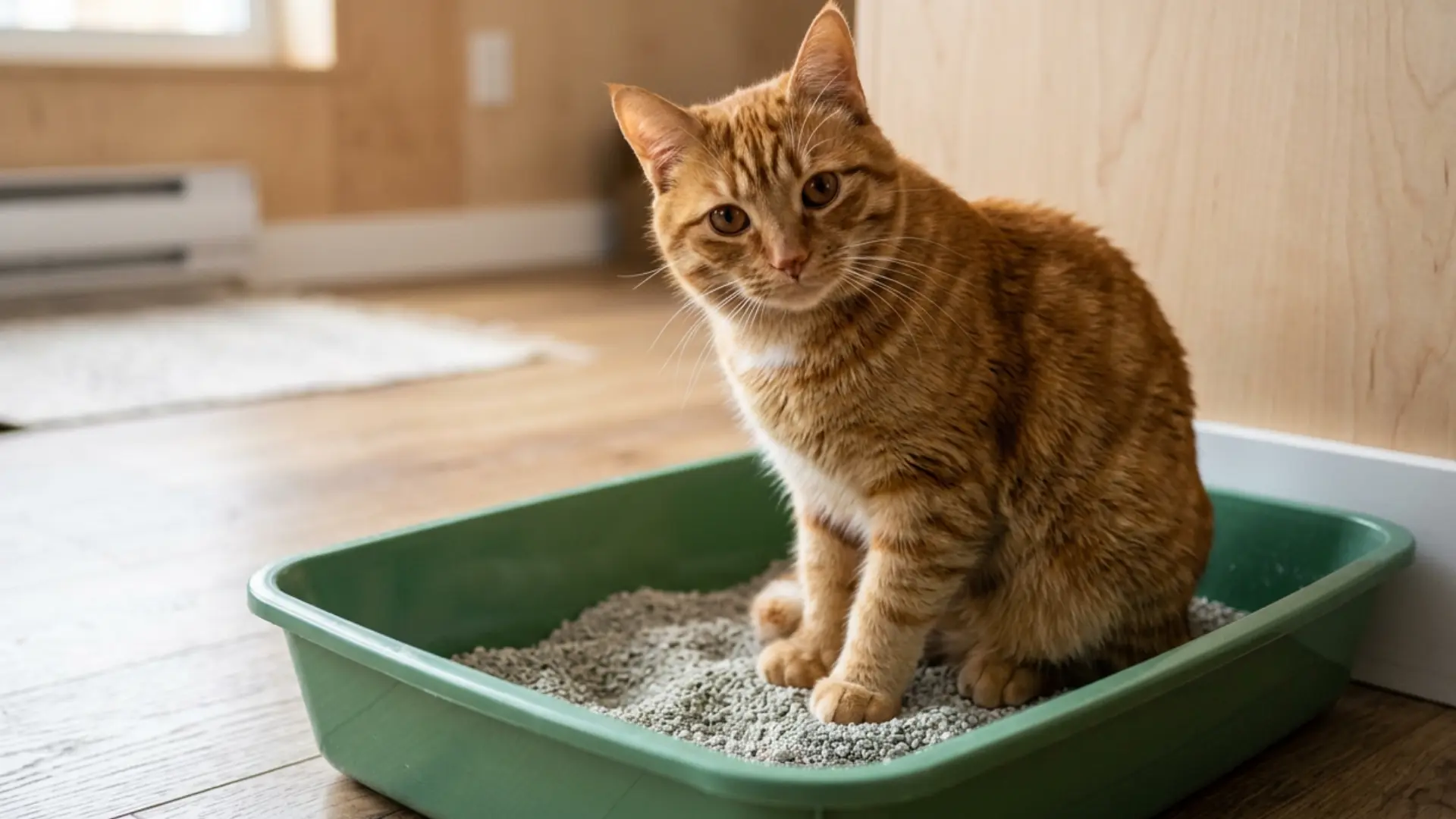 Orange tabby cat sitting in a green litter box inside a quiet home