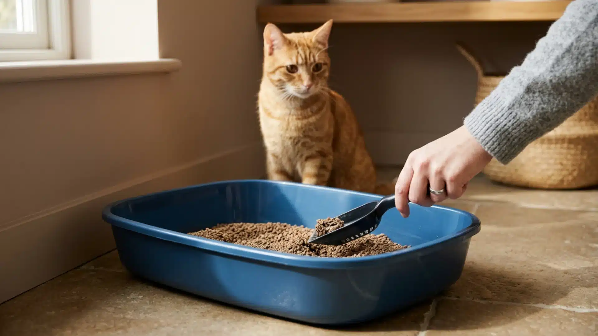 Orange tabby cat watching a blue litter box being cleaned in a modern home interior.webp
