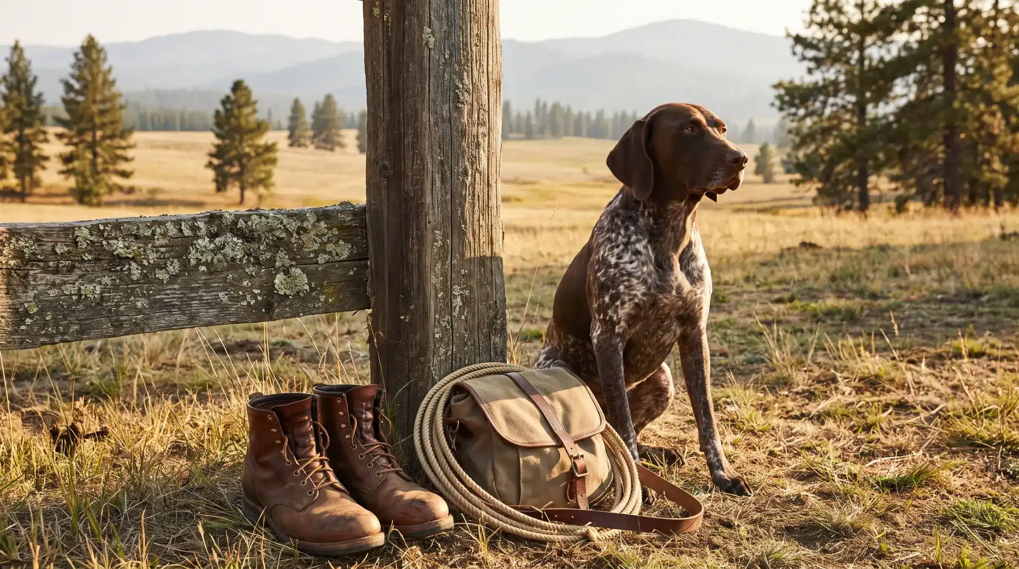 outdoor dog by ranch fence and pine trees, for western and nature hunting