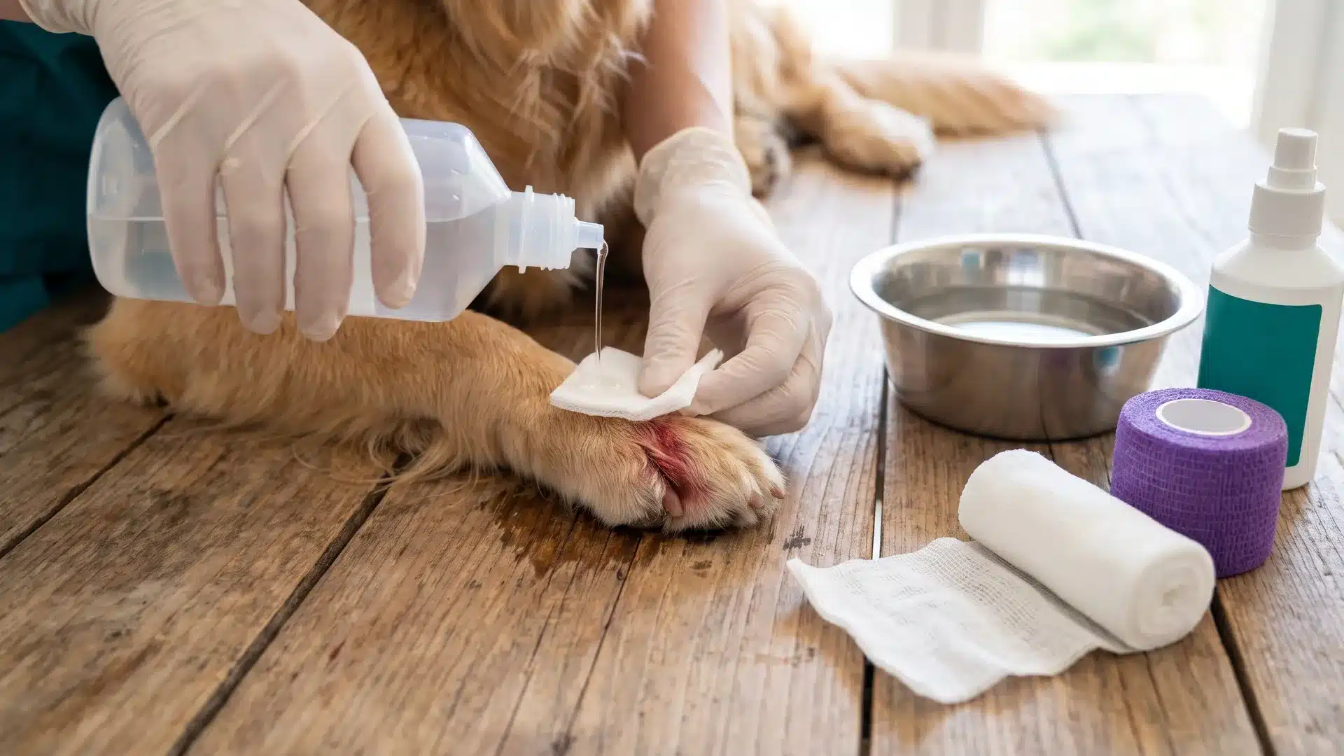 Owner disinfecting a dog's injured paw with gauze and antiseptic