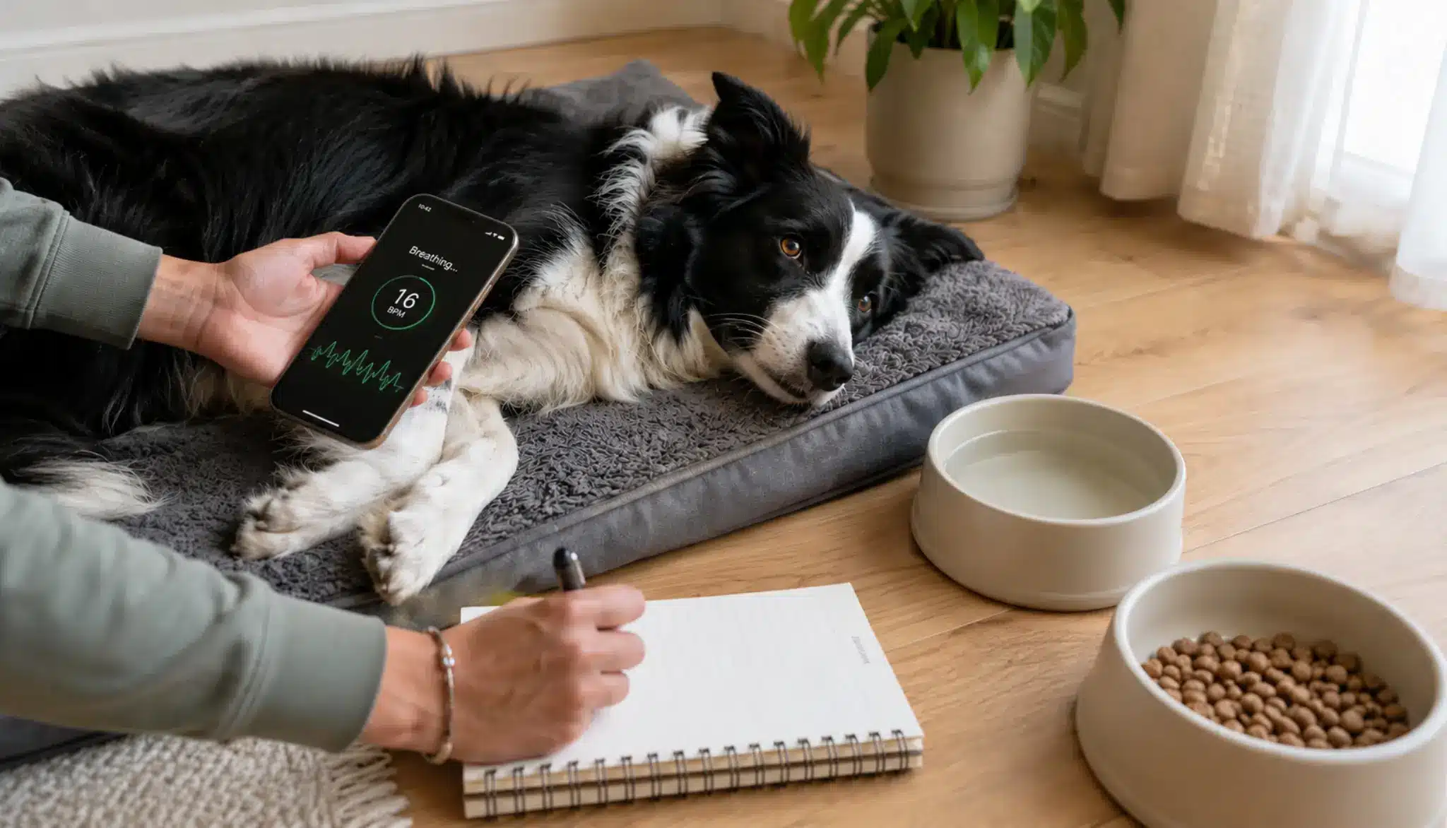 owner monitoring a sick dog at rest before calling a veterinarian about breathing and appetite changes