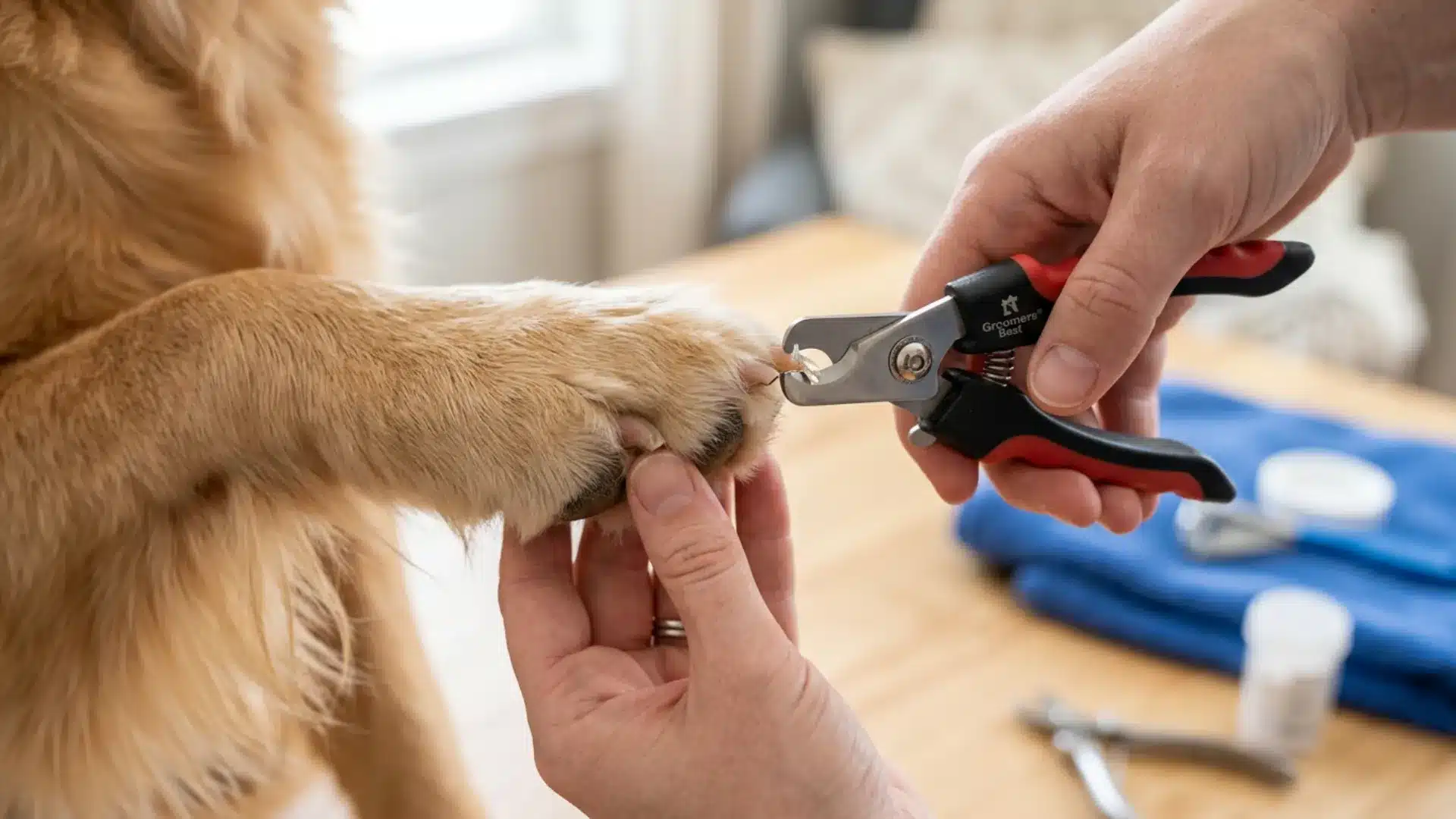 Owner trimming a dog's nail with pet nail clippers at home