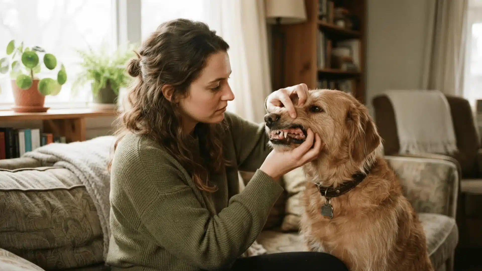 Owner checking a dog's mouth for signs of a dog tooth abscess at home