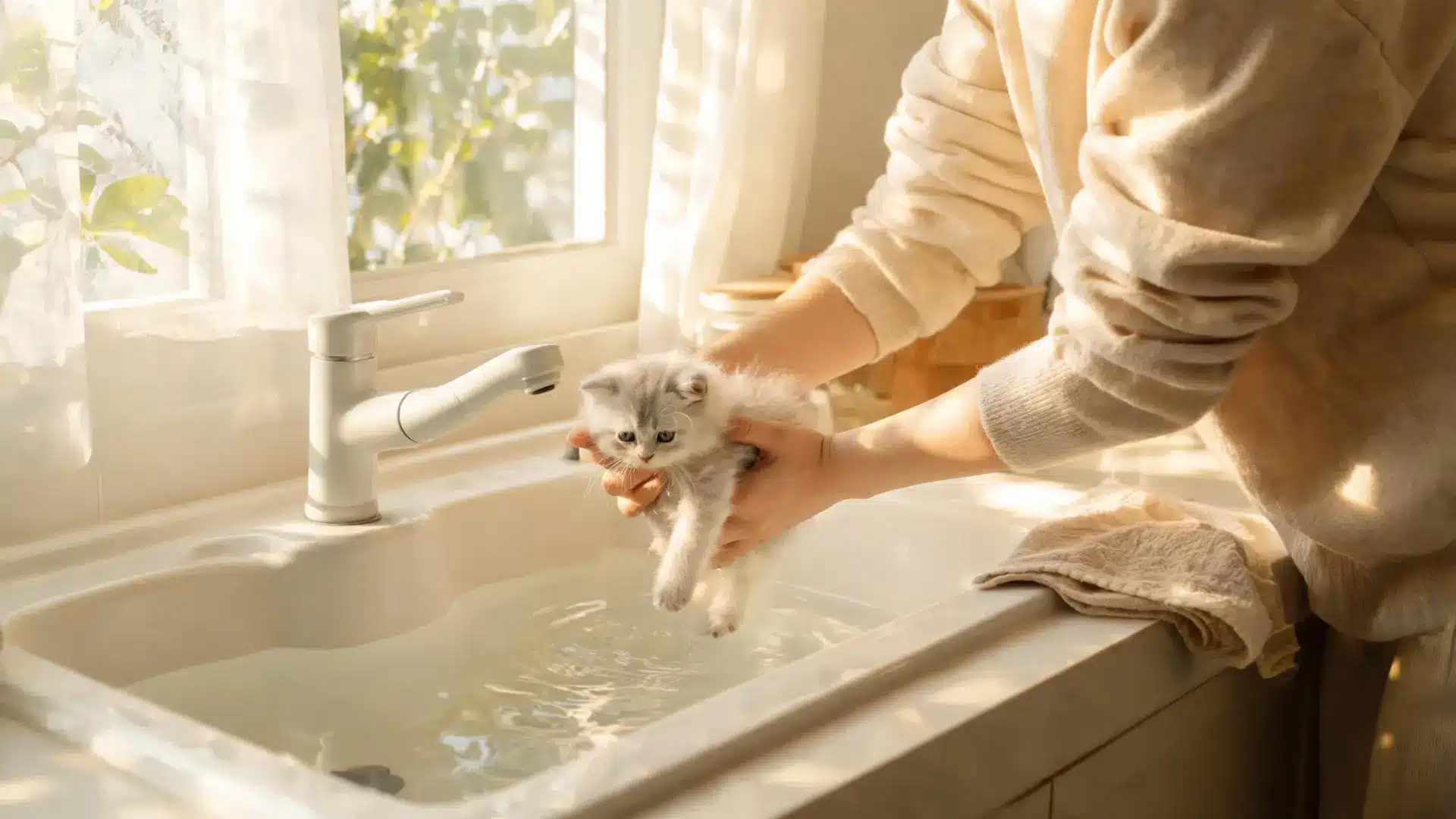 Person bathing a small kitten in a sink filled with water.