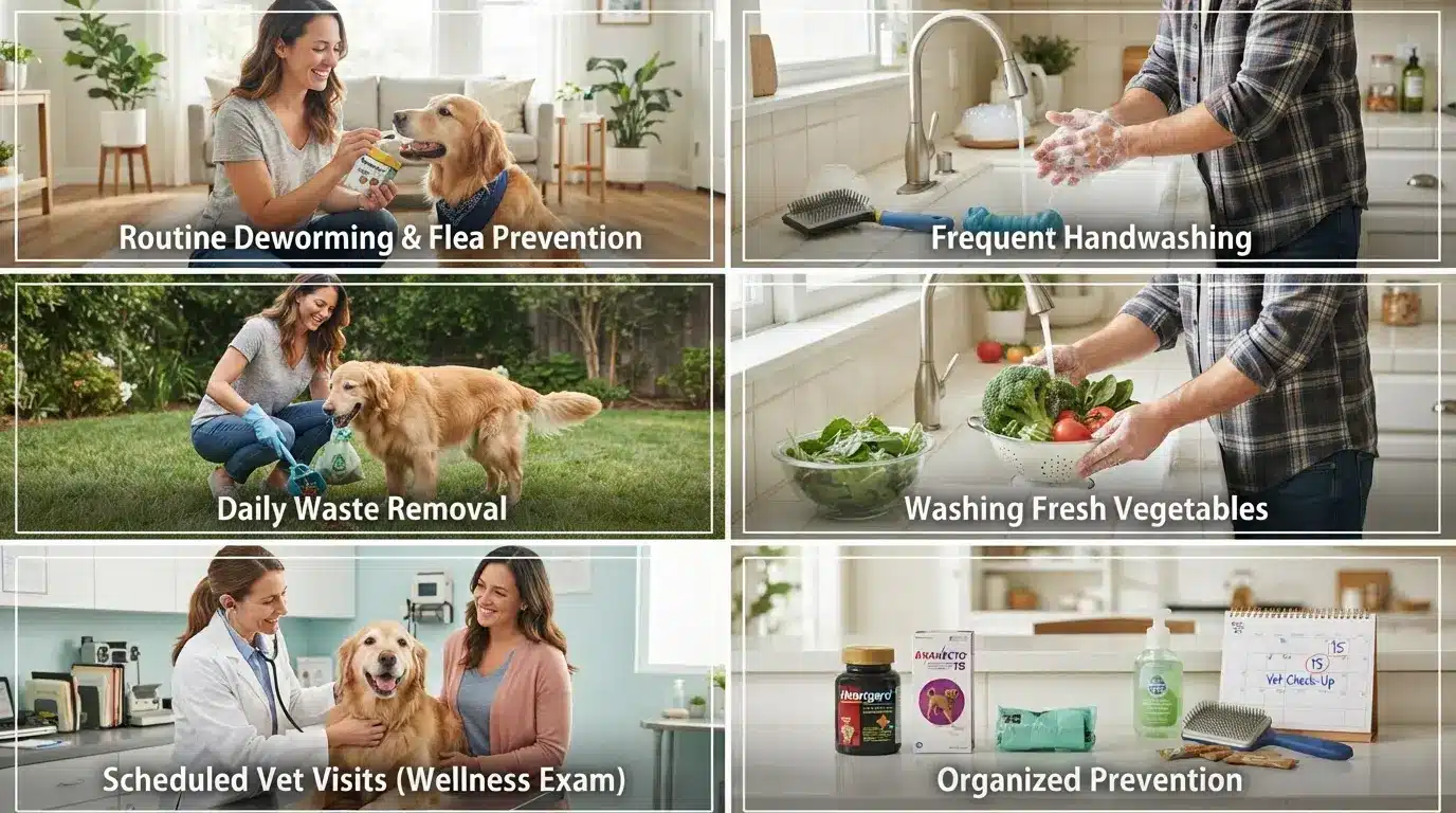 pet owner following deworming handwashing and flea prevention routines to protect family and healthy dog