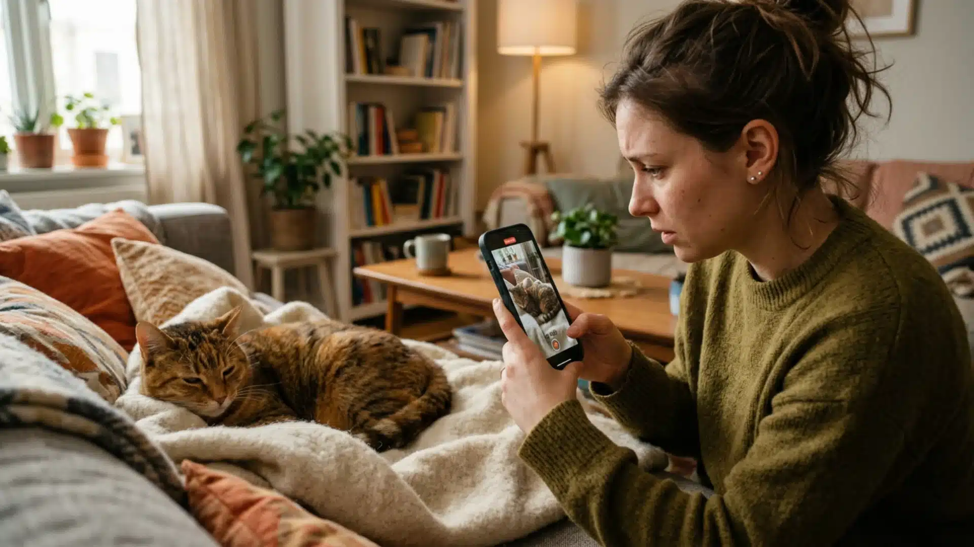 Pet owner recording a video of their cat to show the veterinarian