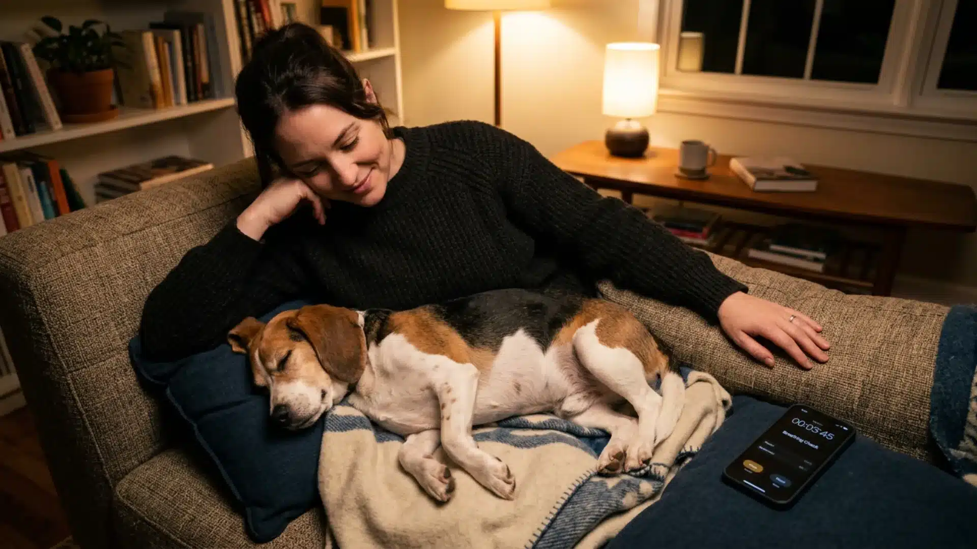 Pet owner timing a sleeping dog's resting respiratory rate at home