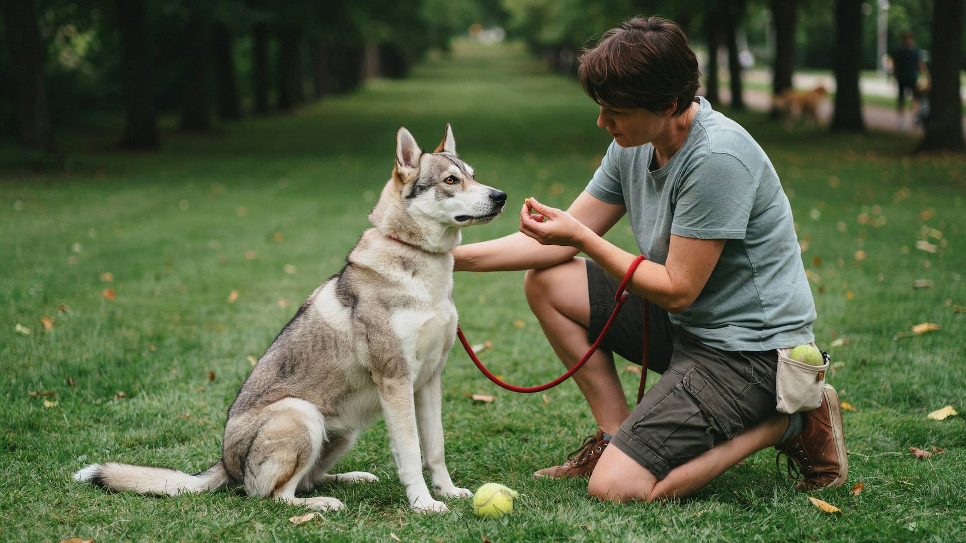 pitsky dog training outdoors with owner during exercise session