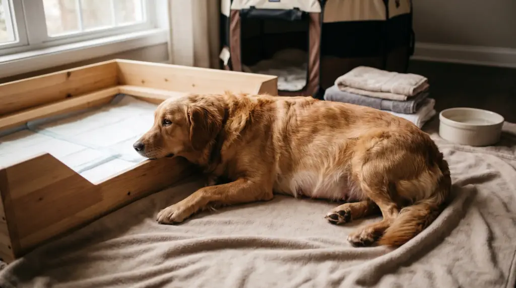 pregnant dog resting in a quiet whelping room before labor with soft natural light
