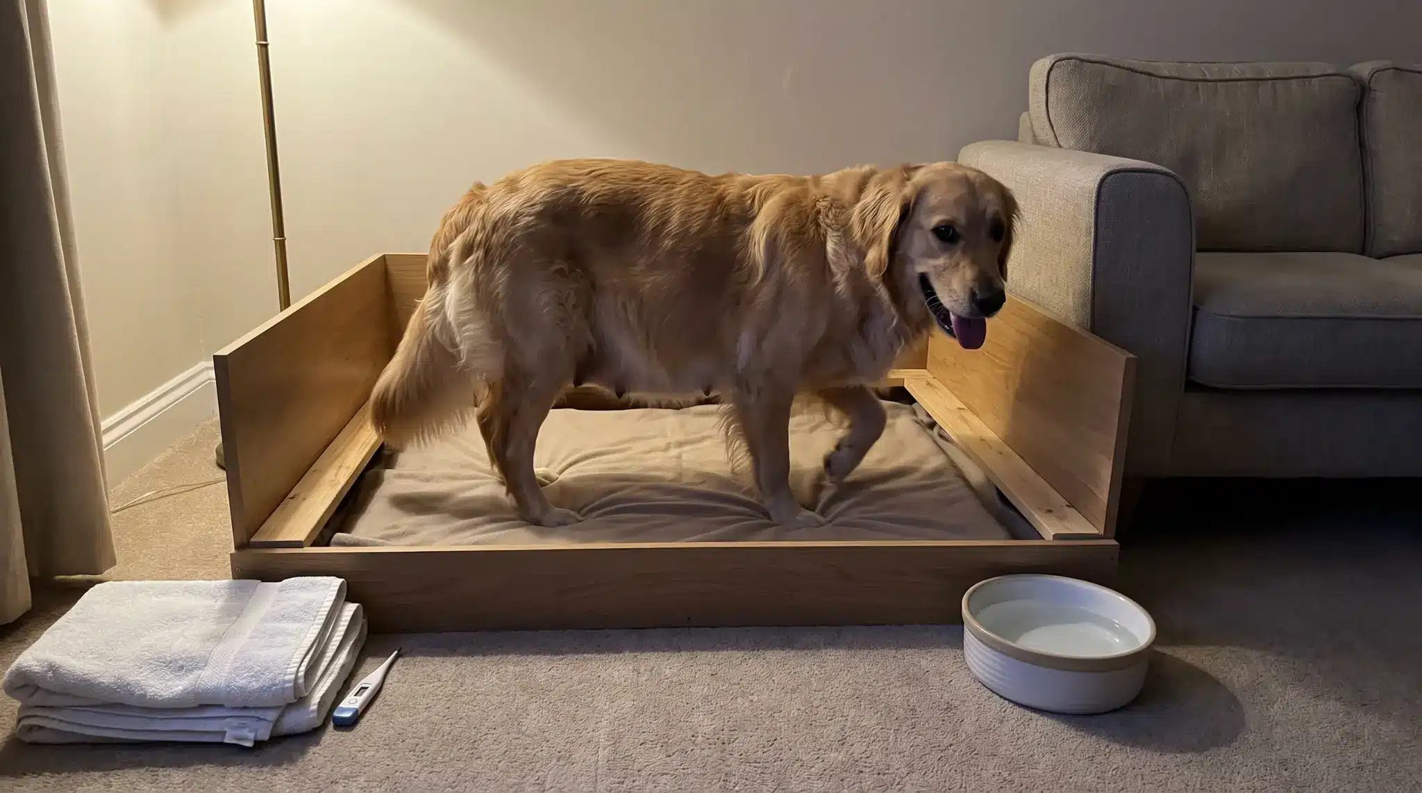 pregnant dog showing early labor signs through nesting panting and restlessness in a quiet whelping bo
