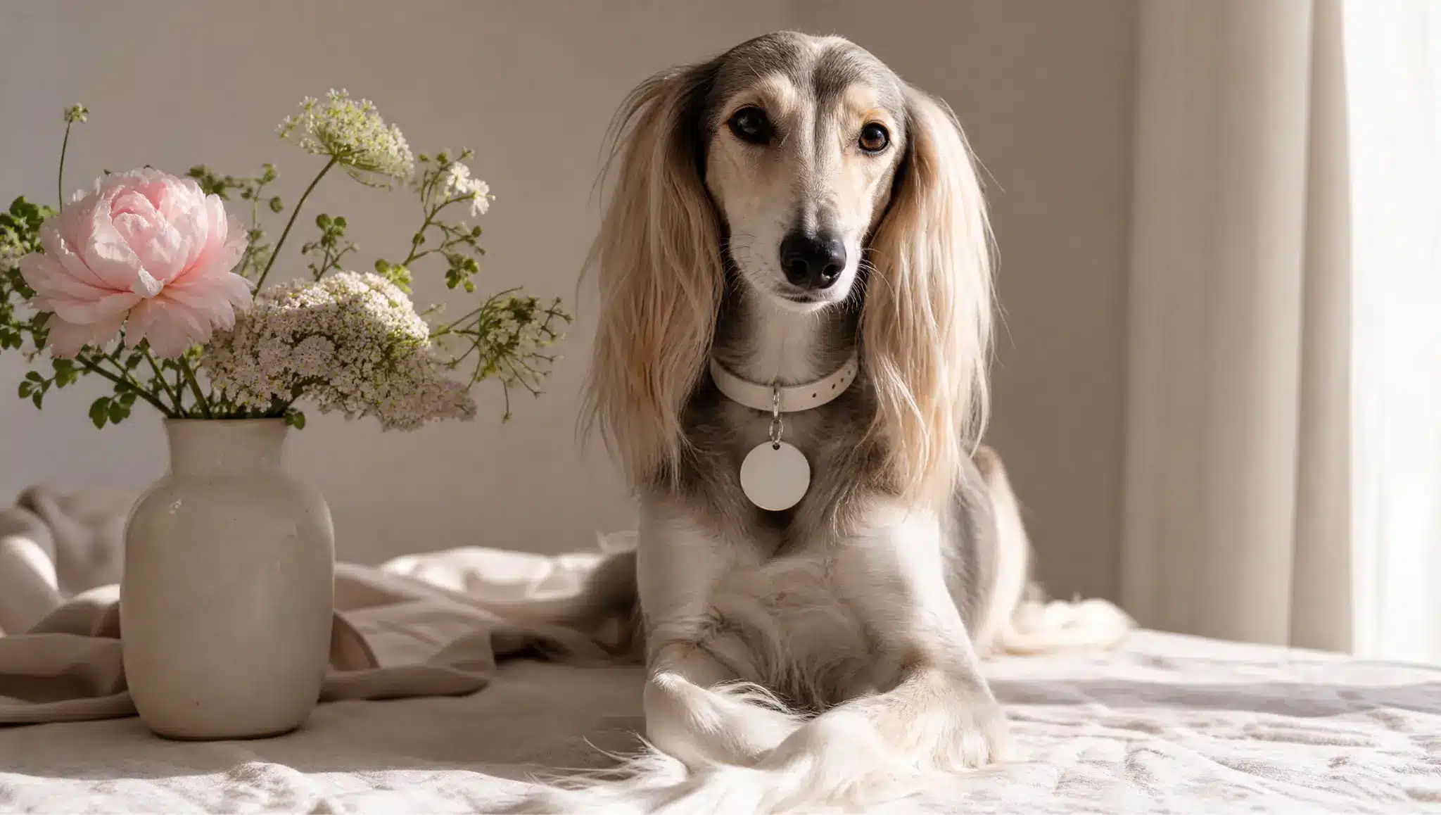 pretty female dog beside flowers and a blank tag for rare girl dog name ideas