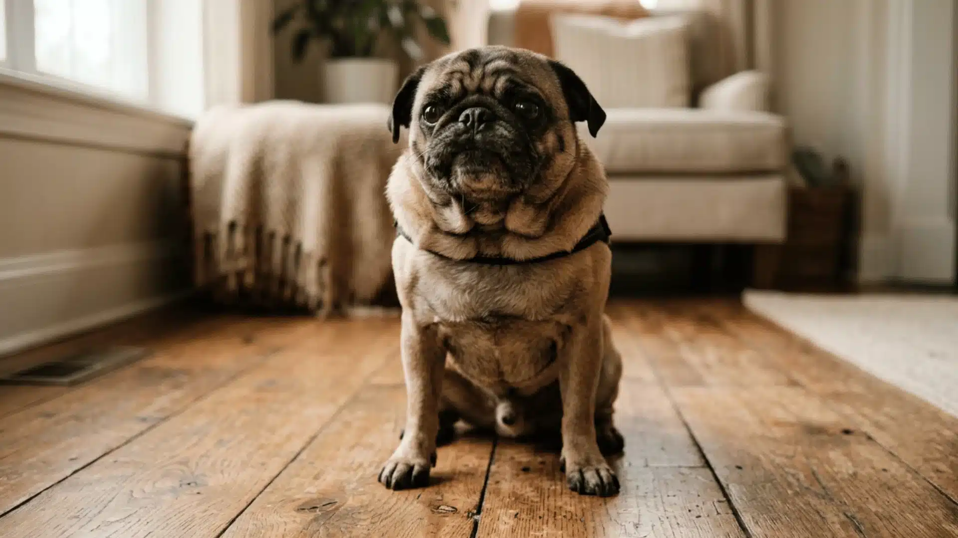 Pug sitting on floor with neck extended during a reverse sneezing episode