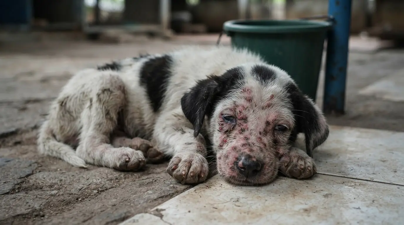 puppy with facial mange showing red crusted sores around the eyes and muzzle while resting on the ground