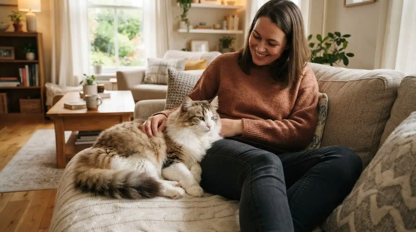 ragamuffin cat sitting beside owner at home showing affectionate social behavior