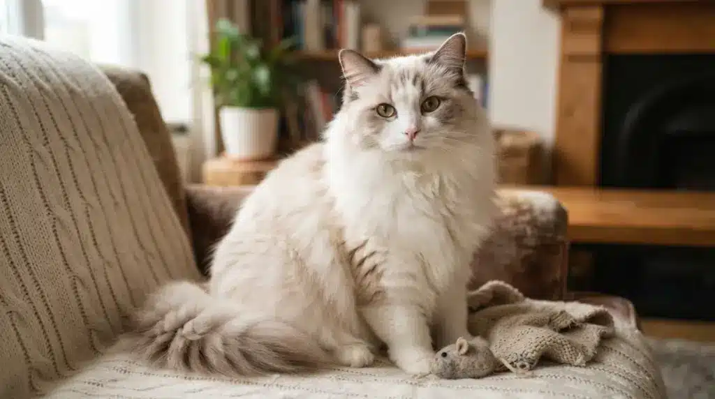ragamuffin cat with a fluffy silky coat sitting indoors with a calm expression