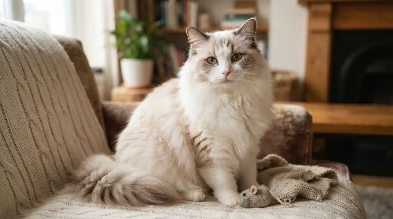 ragamuffin cat with a fluffy silky coat sitting indoors with a calm expression