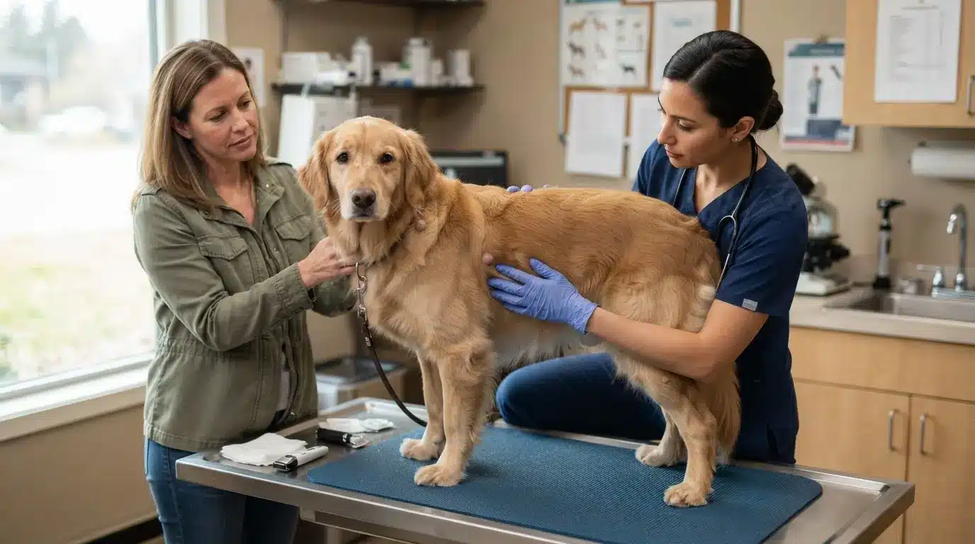 realistic veterinarian examining dog with visible skin lumps during a routine clinic checkup for diagnosis