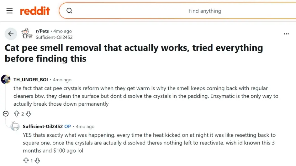 reddit discussion about cat urine smell removal working technique