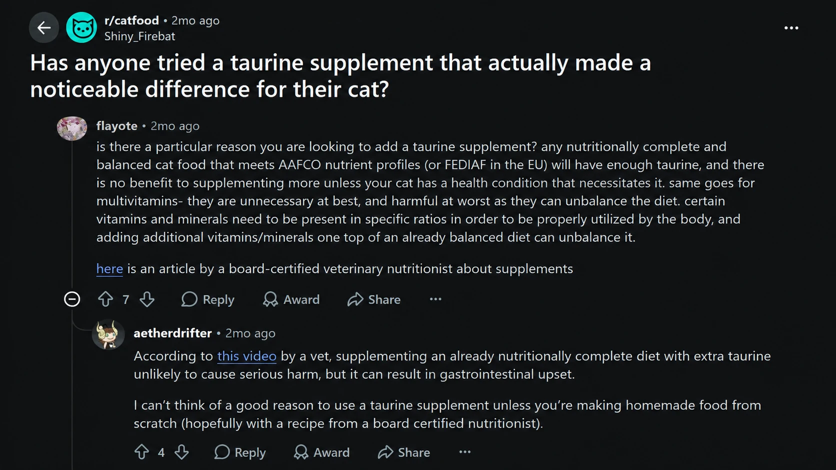 reddit discussion about taurine supplements and cat nutrition advice from cat owners
